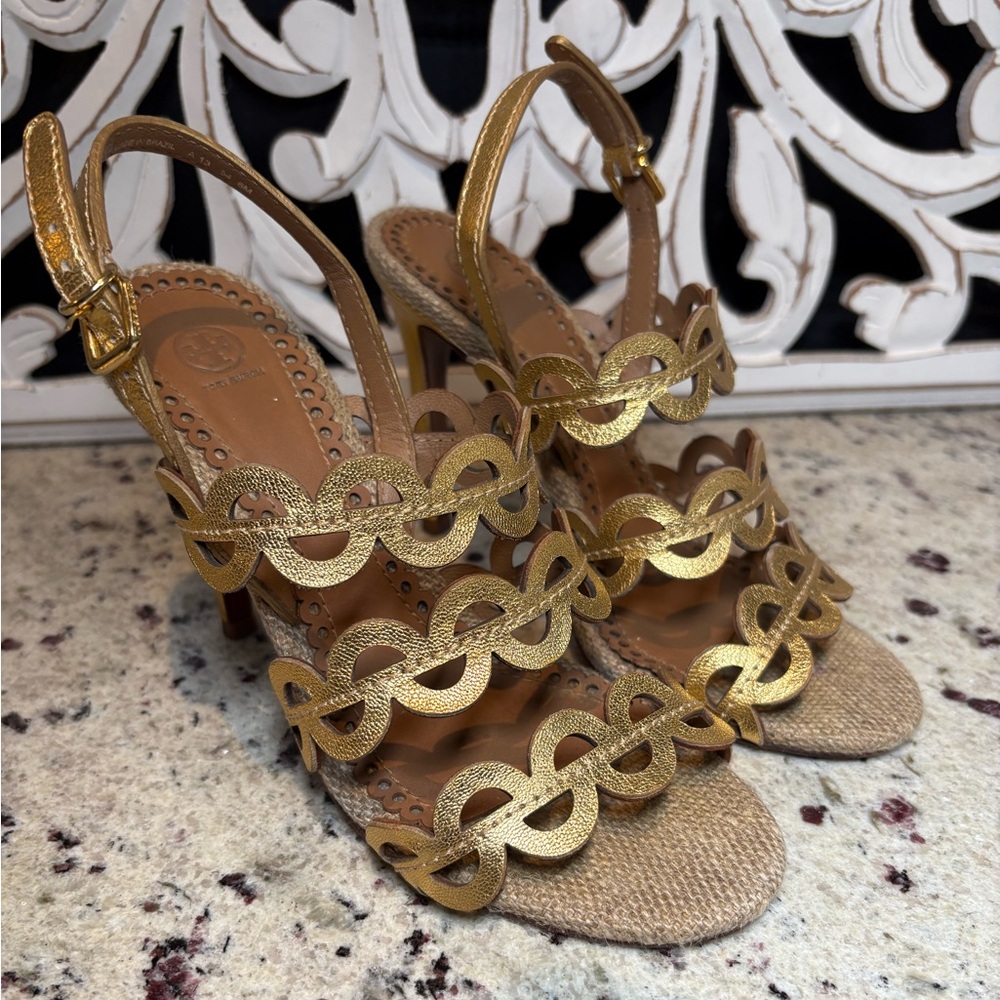 Tory Burch Gold Metallic Ginny Leather Slingback Heeled Sandal Madras Size 6